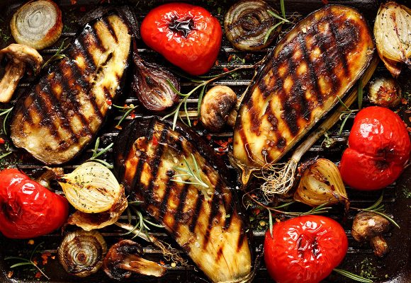 overhead shot of grilled vegetables on grill